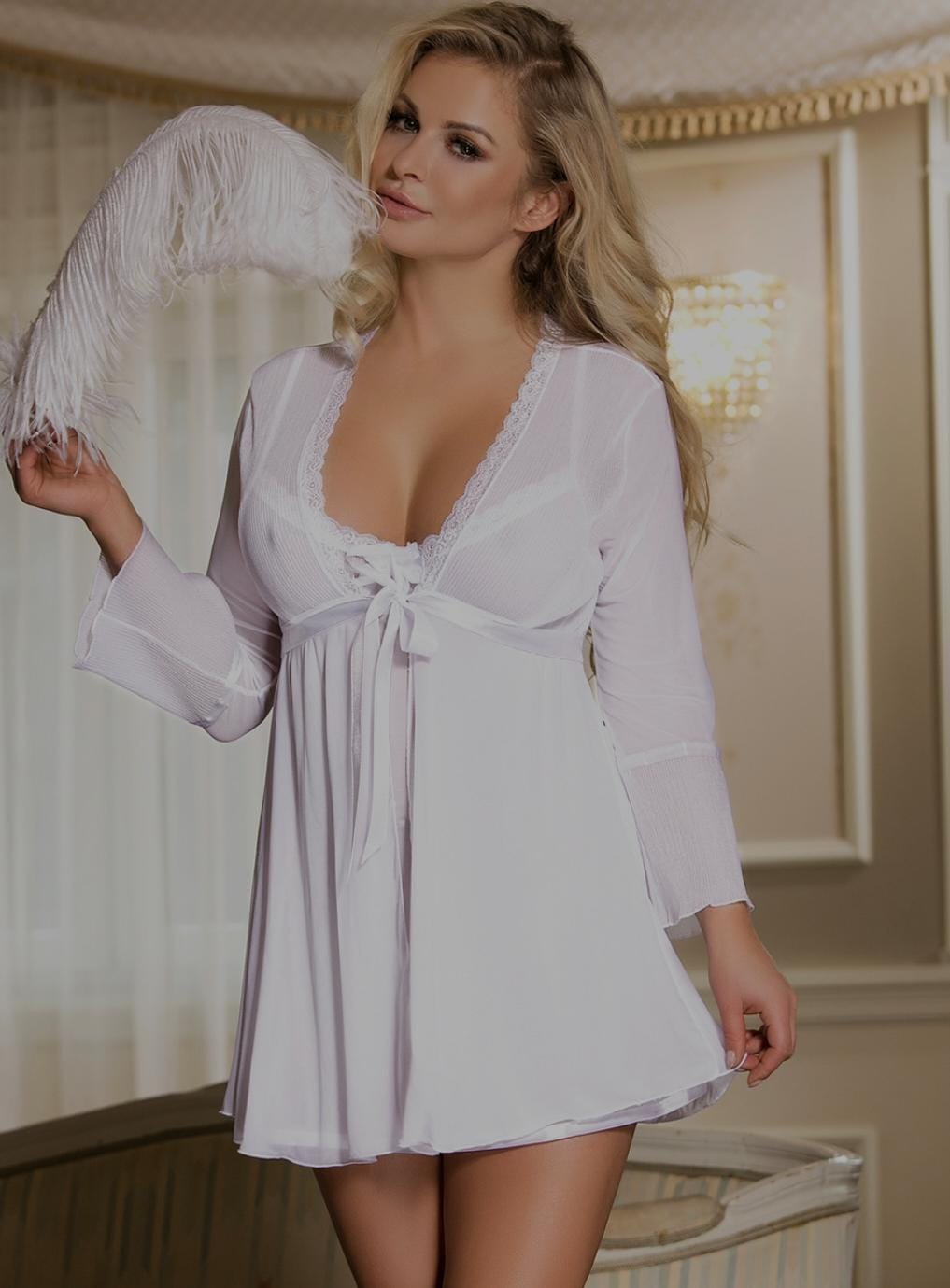 White Mesh Bell Sleeve Robe And Babydoll Set