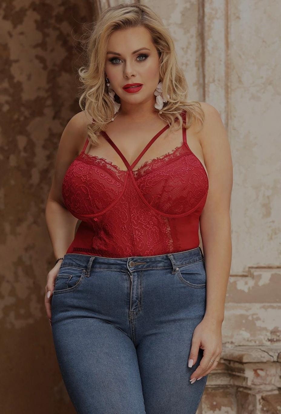 Lace Red Openable Crotch Plus Size Bodysuit Without Underwire