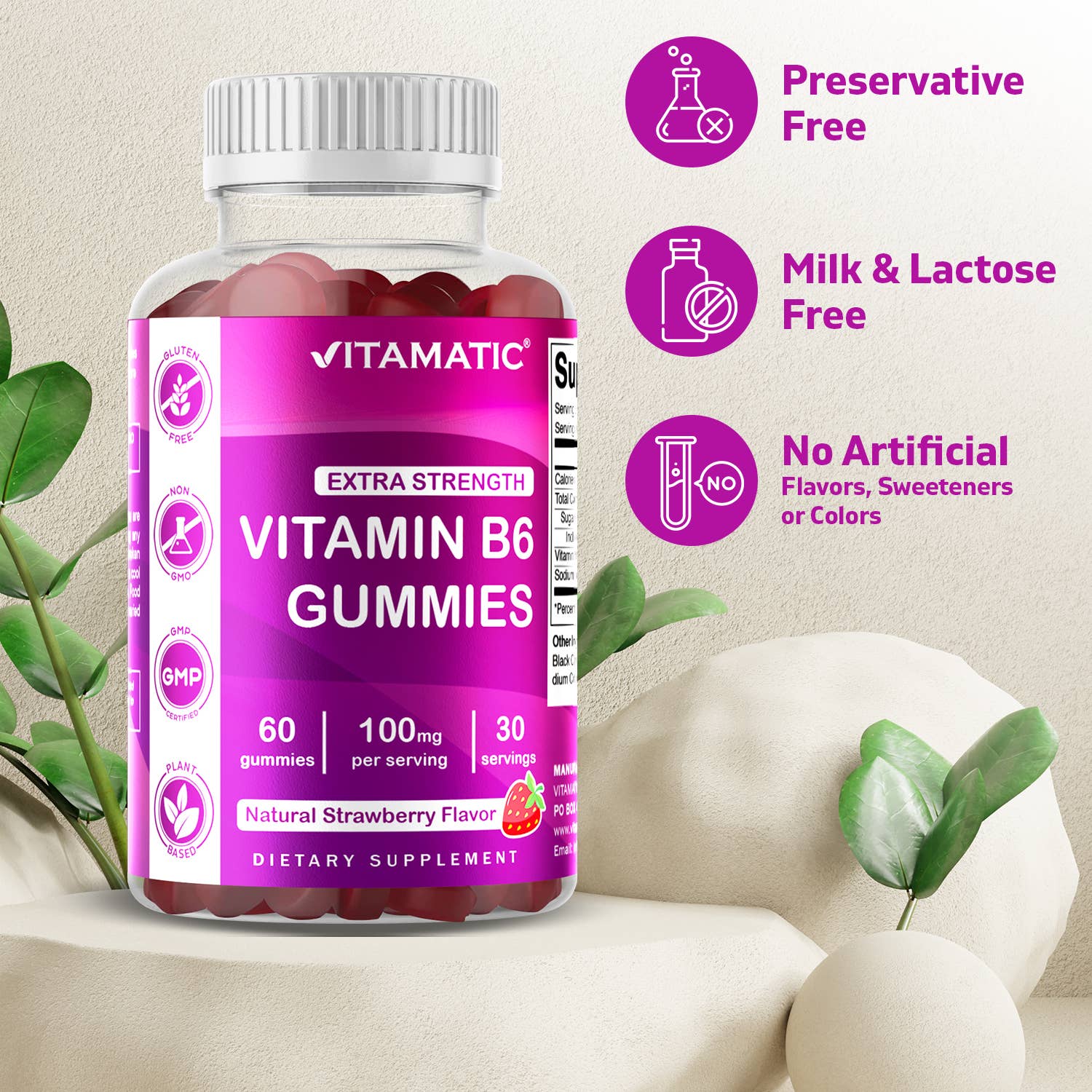 Vitamatic | Vitamin B6 100mg | Strawberry Flavor| 60 Gummies