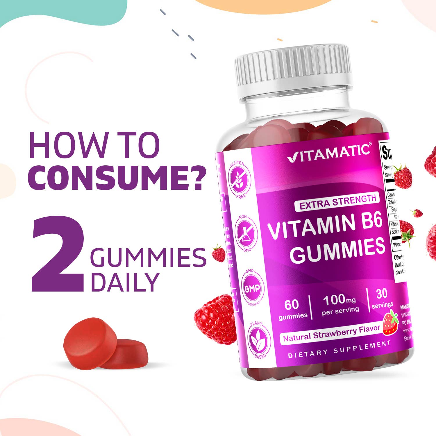 Vitamatic | Vitamin B6 100mg | Strawberry Flavor| 60 Gummies