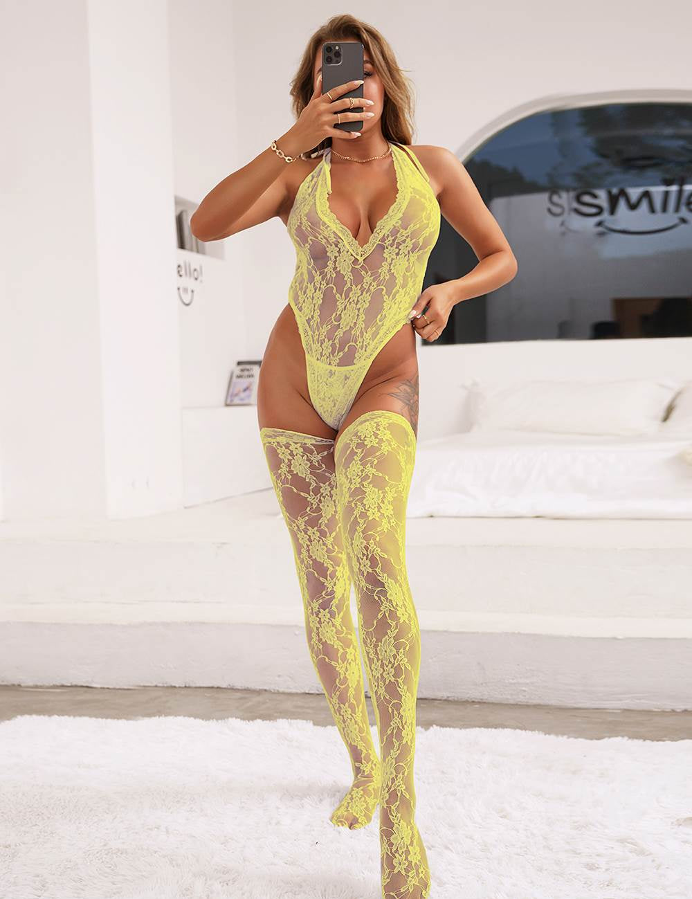 Sexy Lace Halter V Neckline Teddy with the Stocking