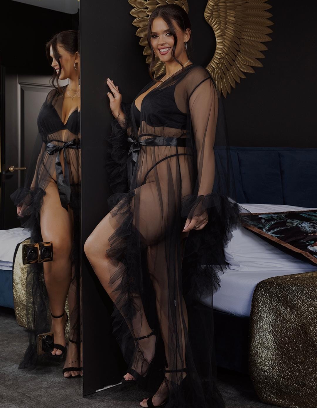 Long Sexy Ruffled Trumpet Sleeves Robe With Belt