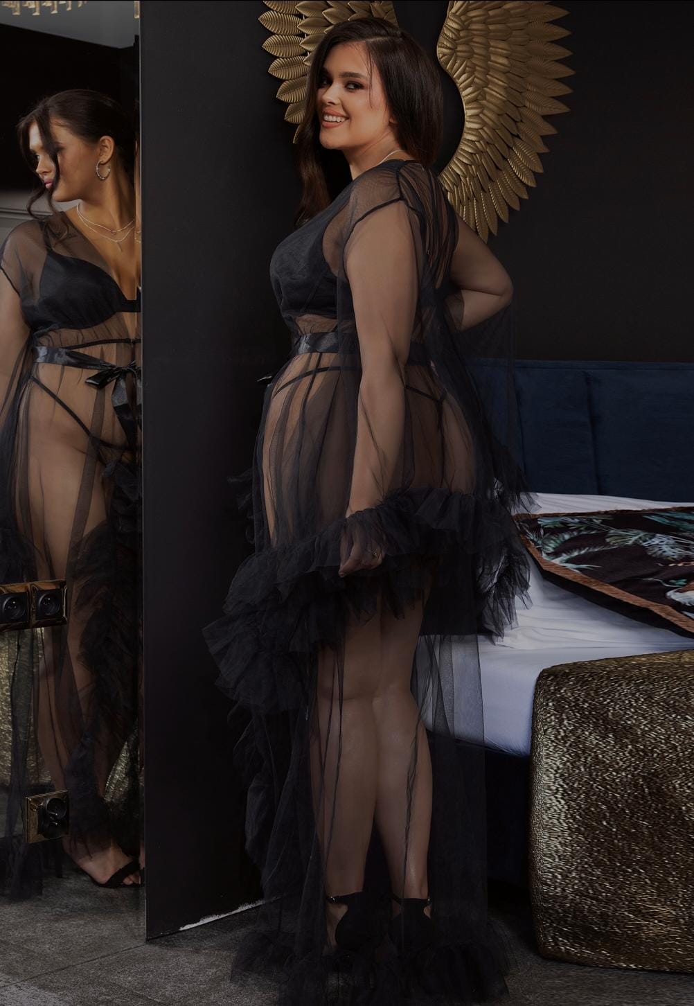 Long Sexy Ruffled Trumpet Sleeves Robe With Belt